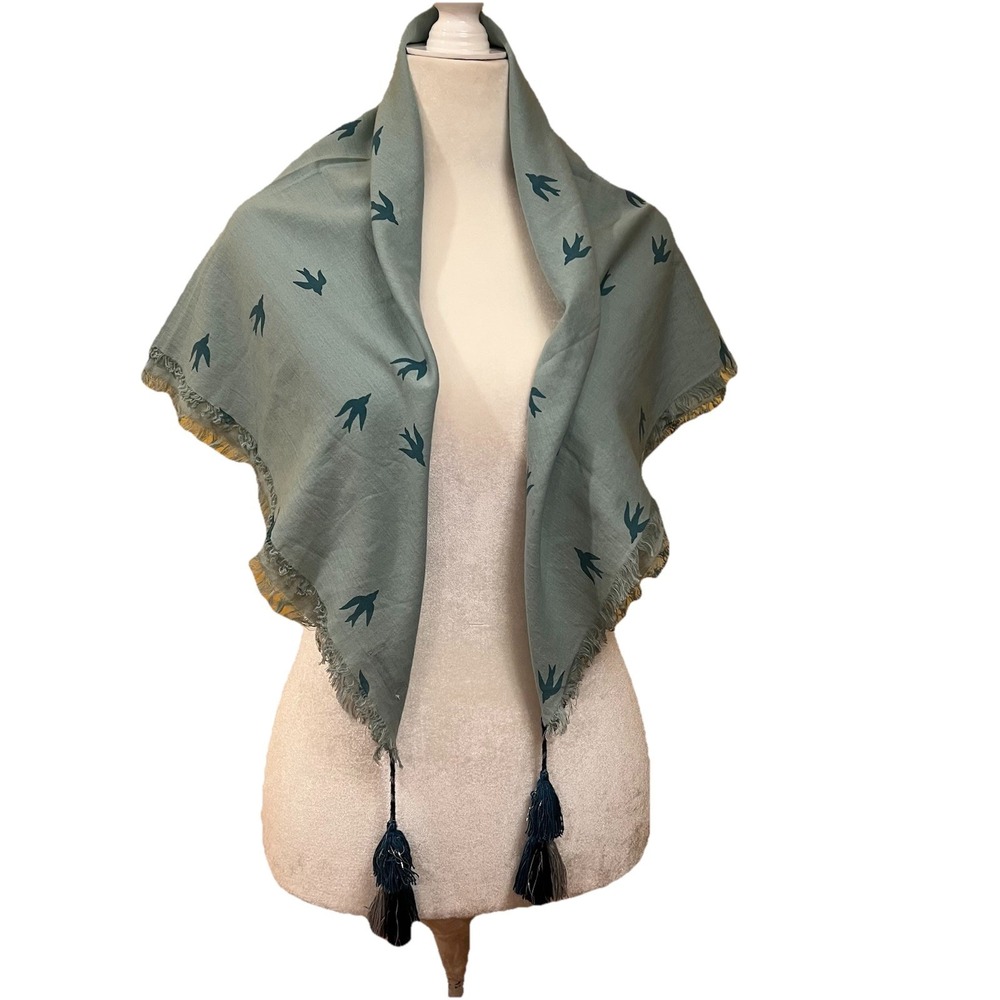 Juicy Couture Vtg Scarf Wrap Shawl Cotton Bird Embroidered Tassels 34" Sq Y2K